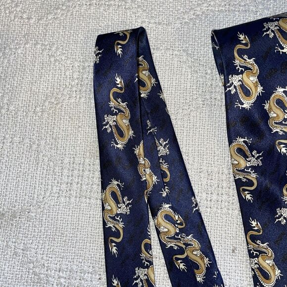 Kailong Dress Tie Mens Size 56 Long 4 Wide Blue Dragon Motif 100% Silk Hand Made - Picture 12 of 12